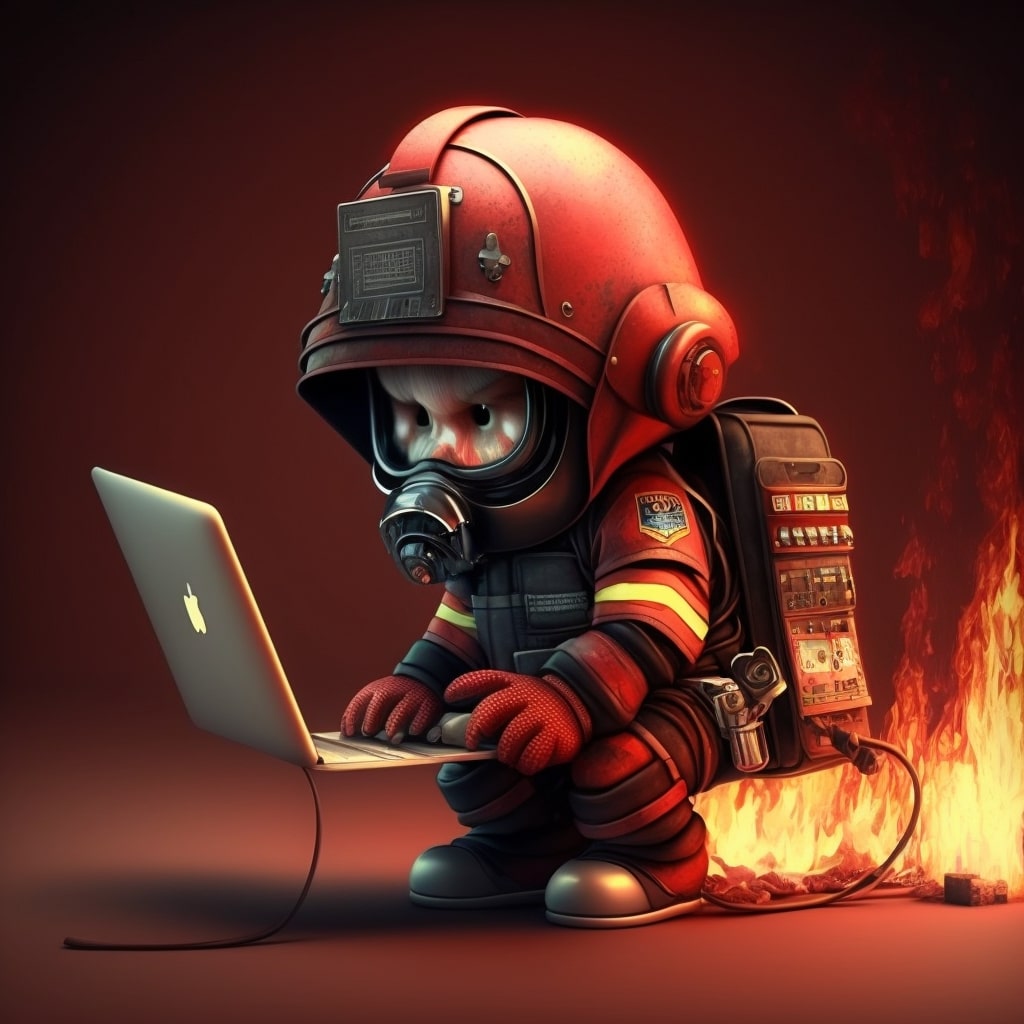 fireman kid holding macbook