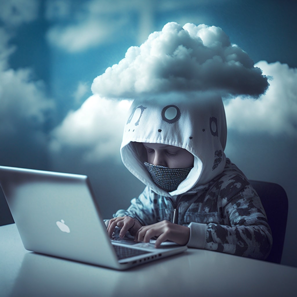 kid on macbook with a cloud above his head