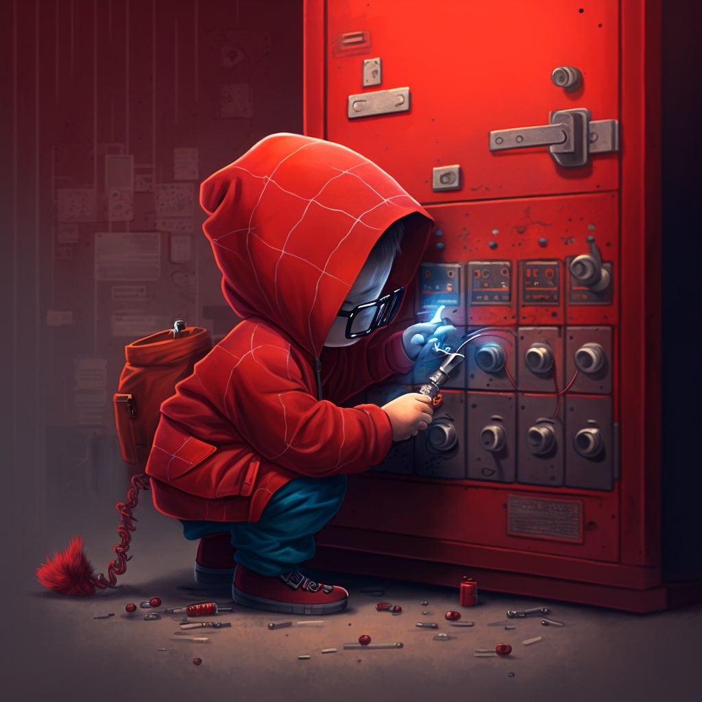 red hoodie kid working on a vault